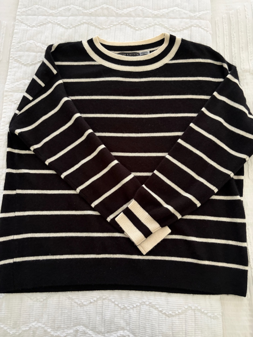 Alice+ Olivia Black and Cream Striped Sweater - relaxed Classic Knit Pullover